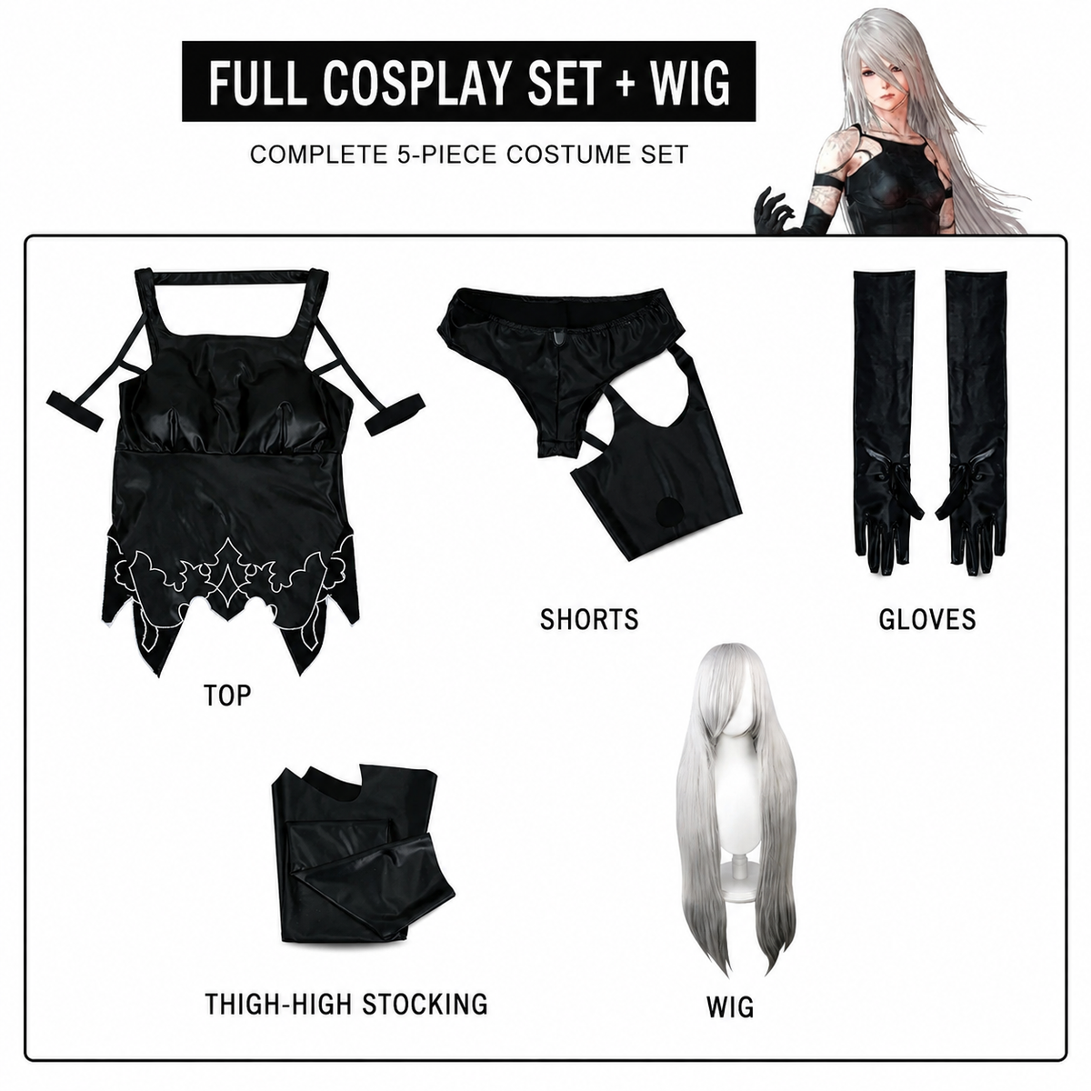 NieR Automata A2 Cosplay Costume YoRHa Type A No. 2 Outfit Full Set and wig five-piece costume and silver wig set layout