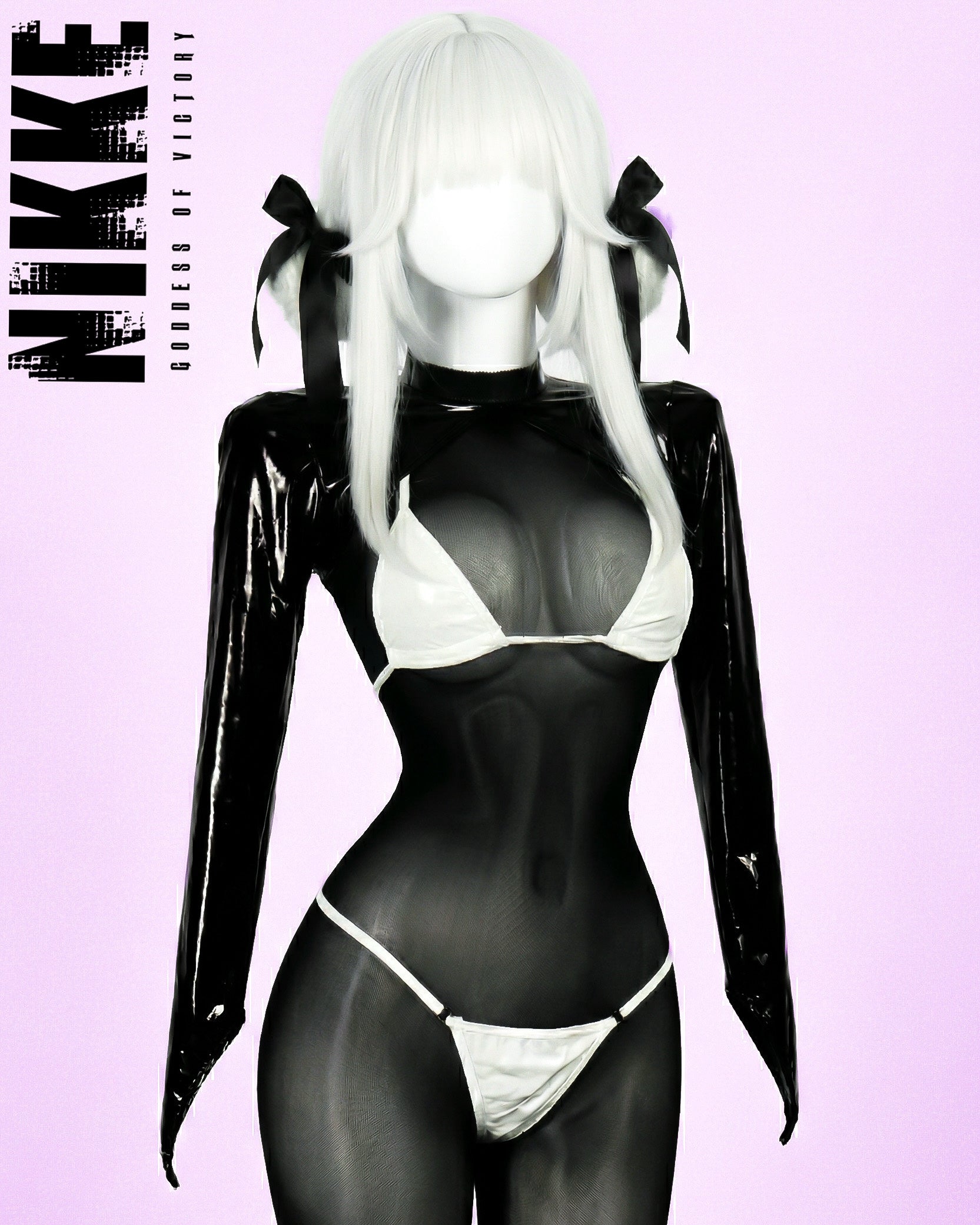 Person wearing a black latex outfit with white accents on a light pink background, featuring the brand 'Nikke'.