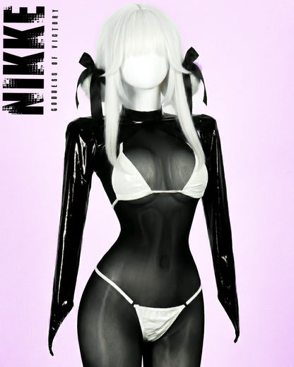 Person wearing a black latex outfit with white accents on a light pink background, featuring the brand 'Nikke'.
