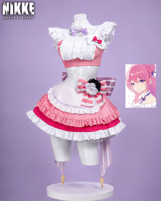 NIKKE: Goddess of Victory Dorothy Maid Cosplay Costume & wig white and pink maid crop top and ruffled skirt front view