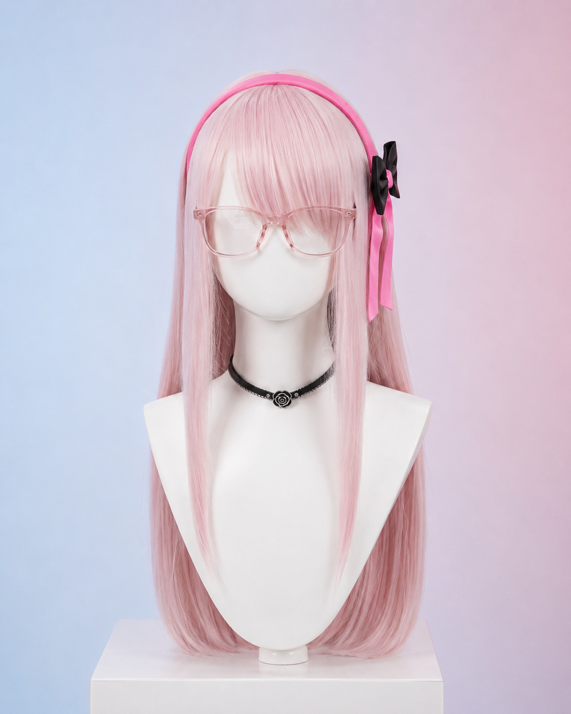 Goddess of Victory NIKKE Neon cosplay wig with pink hair, ribbon headband, glasses and anime-inspired styling.