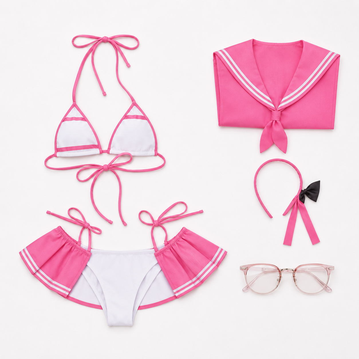 Goddess of Victory NIKKE Neon summer swimsuit cosplay costume set with sailor collar, bikini, glasses and headband.
