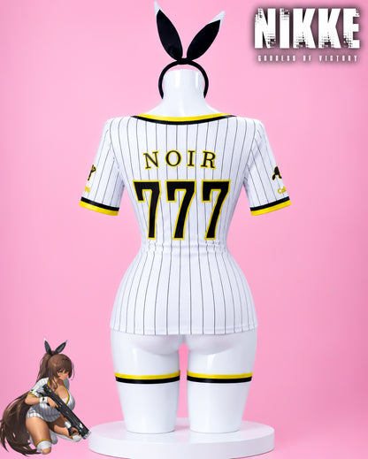 Back view of the NIKKE Goddess of Victory Noir 777 baseball cosplay costume on the MBCosplay signature mannequin featuring the Noir 777 jersey design and realistic studio lighting.