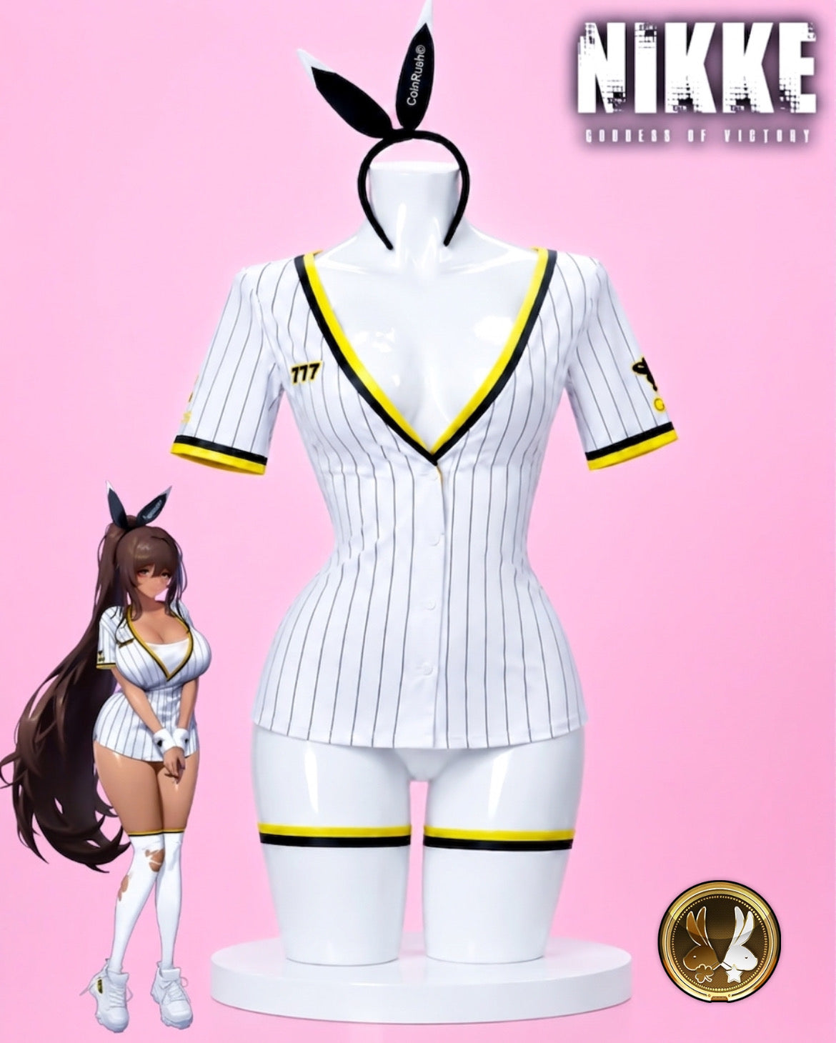 A white pinstripe short-sleeve bunny-themed mini dress displayed on a white mannequin against a pink background, with a small anime-style character model shown to the left. The top of the mannequin is fitted with a black bunny ear headband.