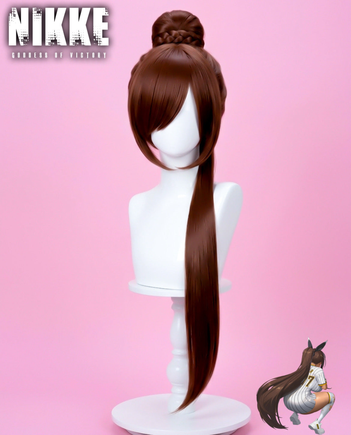 Long brown NIKKE Goddess of Victory Noir cosplay wig with braided bun and flowing ponytail displayed on a white wig stand in a professional studio setting.