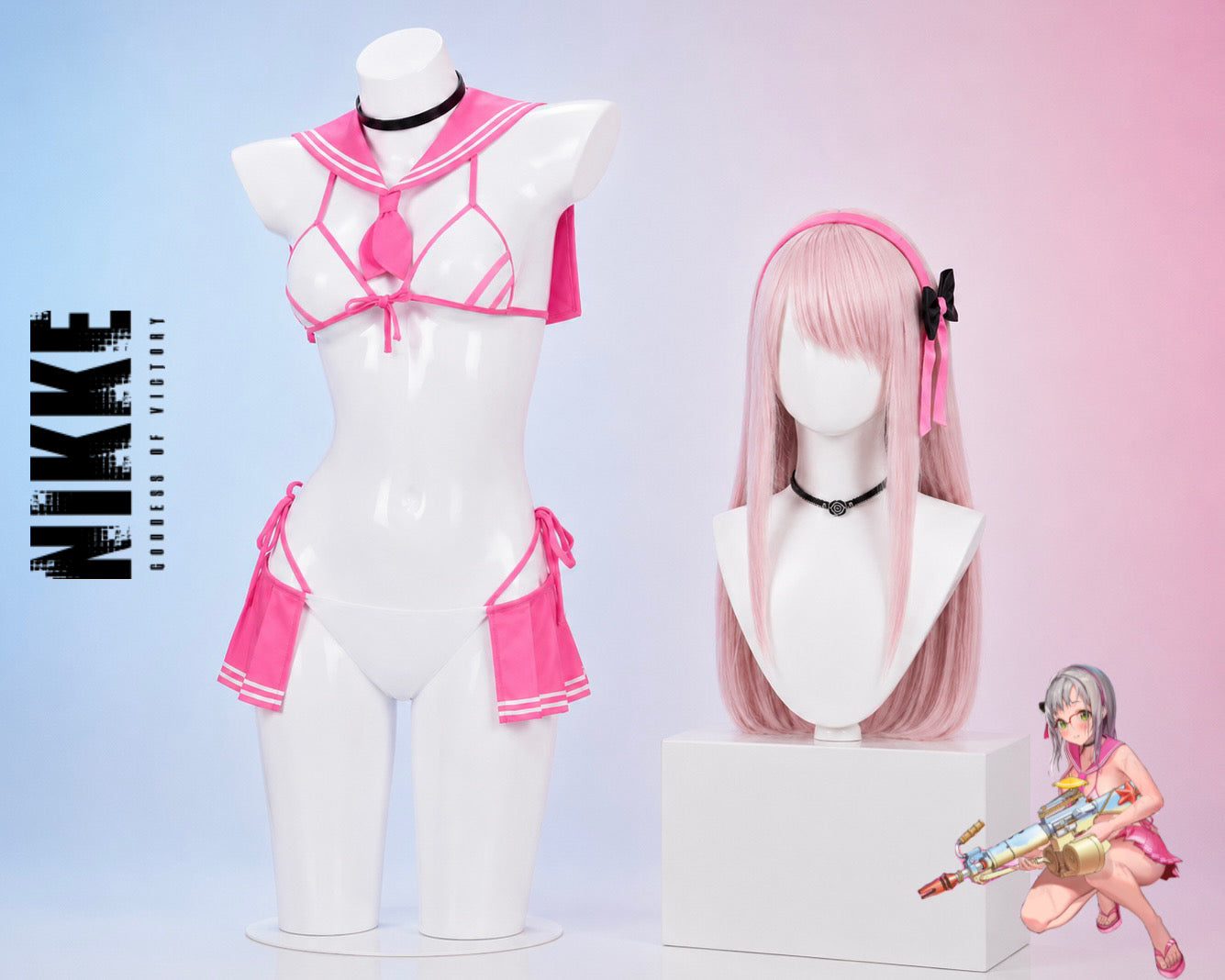 Goddess of Victory NIKKE Pepper and Neon summer swimsuit cosplay costumes with matching wigs and accessories displayed on mannequins.