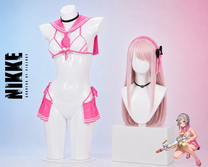 Goddess of Victory NIKKE Pepper and Neon summer swimsuit cosplay costumes with matching wigs and accessories displayed on mannequins.