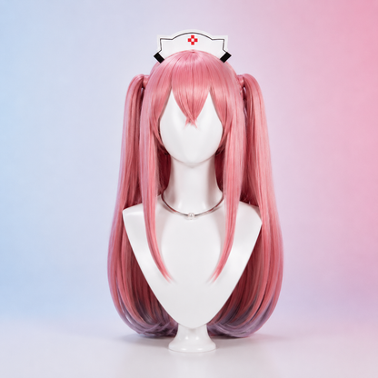 Goddess of Victory NIKKE Pepper cosplay wig featuring pink twin tails, nurse headpiece and gradient purple tips.