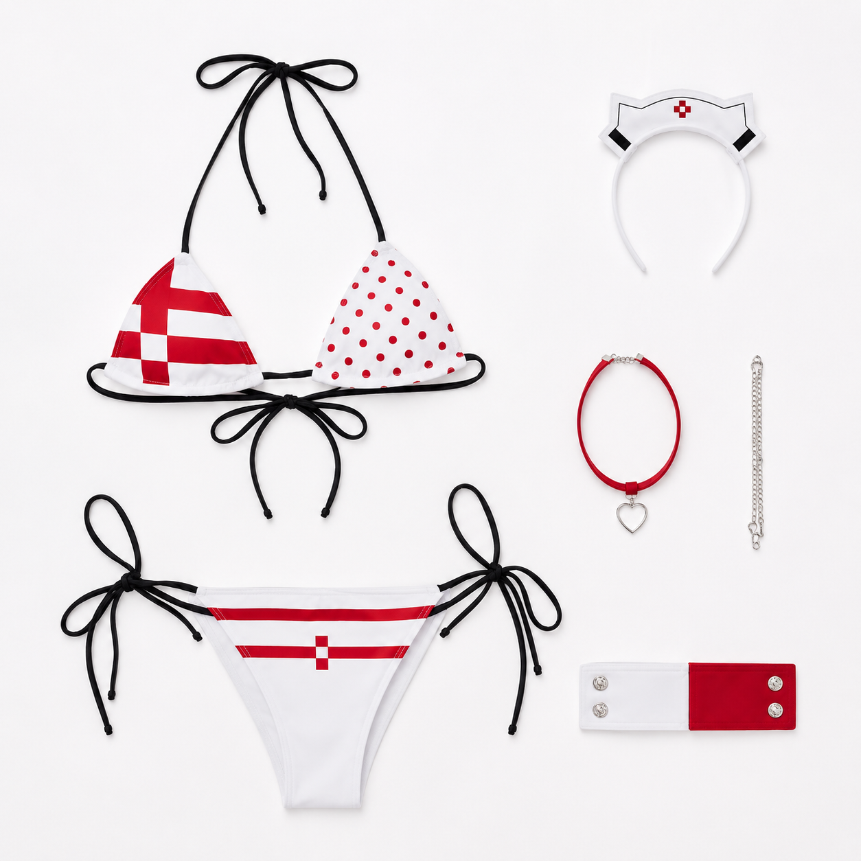 Goddess of Victory NIKKE Pepper summer swimsuit cosplay costume set with bikini, nurse headband, choker and accessories.
