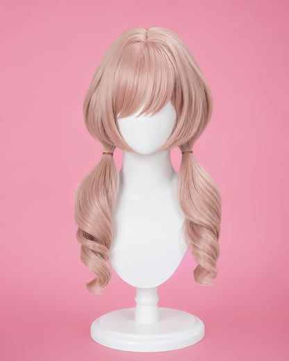 Wig pink curled twin tail wig on mannequin for NIKKE: The Goddess of Victory Bready Cosplay Costume & Wig
