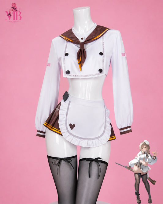 Wig white and brown maid uniform front view for NIKKE: The Goddess of Victory Bready Cosplay Costume & Wig
