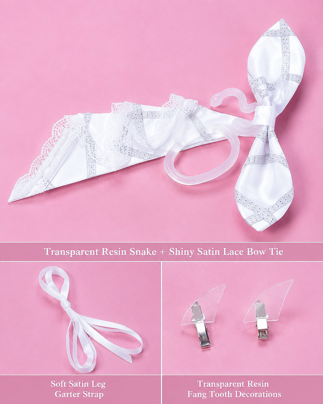 White satin leg garter strap and matching bow tie set with transparent resin snake and fang tooth decorations, displayed on a pink background with product labels.