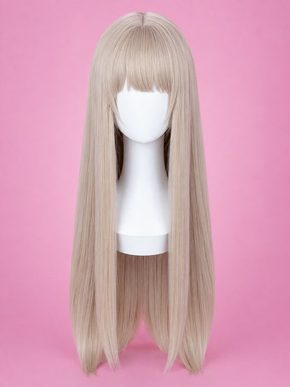 A long straight wig with bangs in a light ash blonde color, displayed on a white mannequin head against a solid pink background.