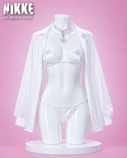 White lingerie set displayed on a glossy white mannequin torso against a pink studio background, with a sheer white long-sleeve robe draped over the shoulders and a visible Nikke logo in the top left corner.