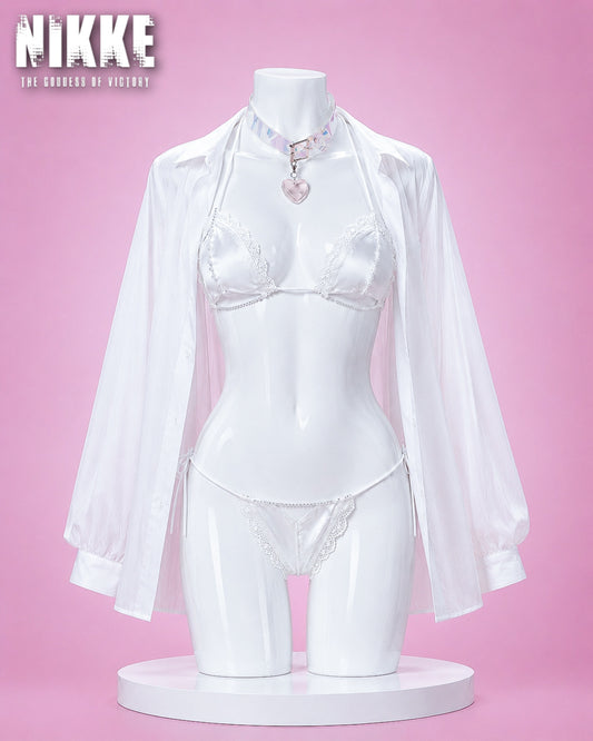White lingerie set displayed on a glossy white mannequin torso against a pink studio background, with a sheer white long-sleeve robe draped over the shoulders and a visible Nikke logo in the top left corner.