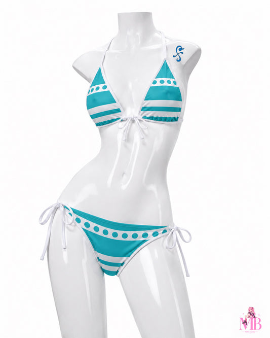 Turquoise striped bikini set angled view for One Piece Nami Cosplay Bikini costume