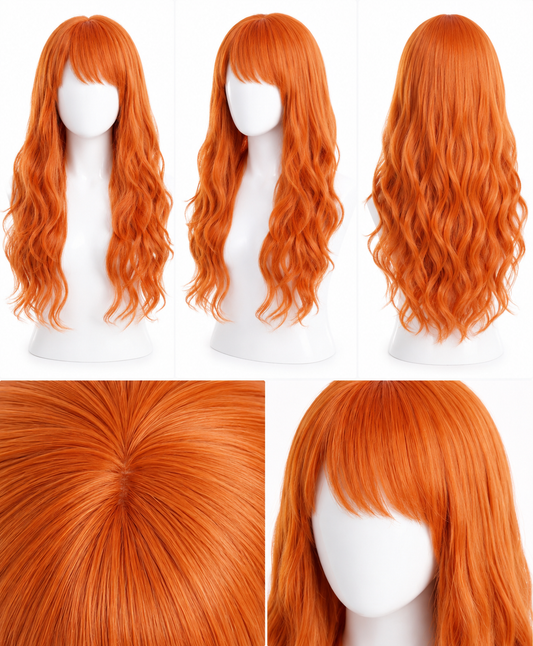 Long orange wig multi angle details for One piece Nami long cosplay wig