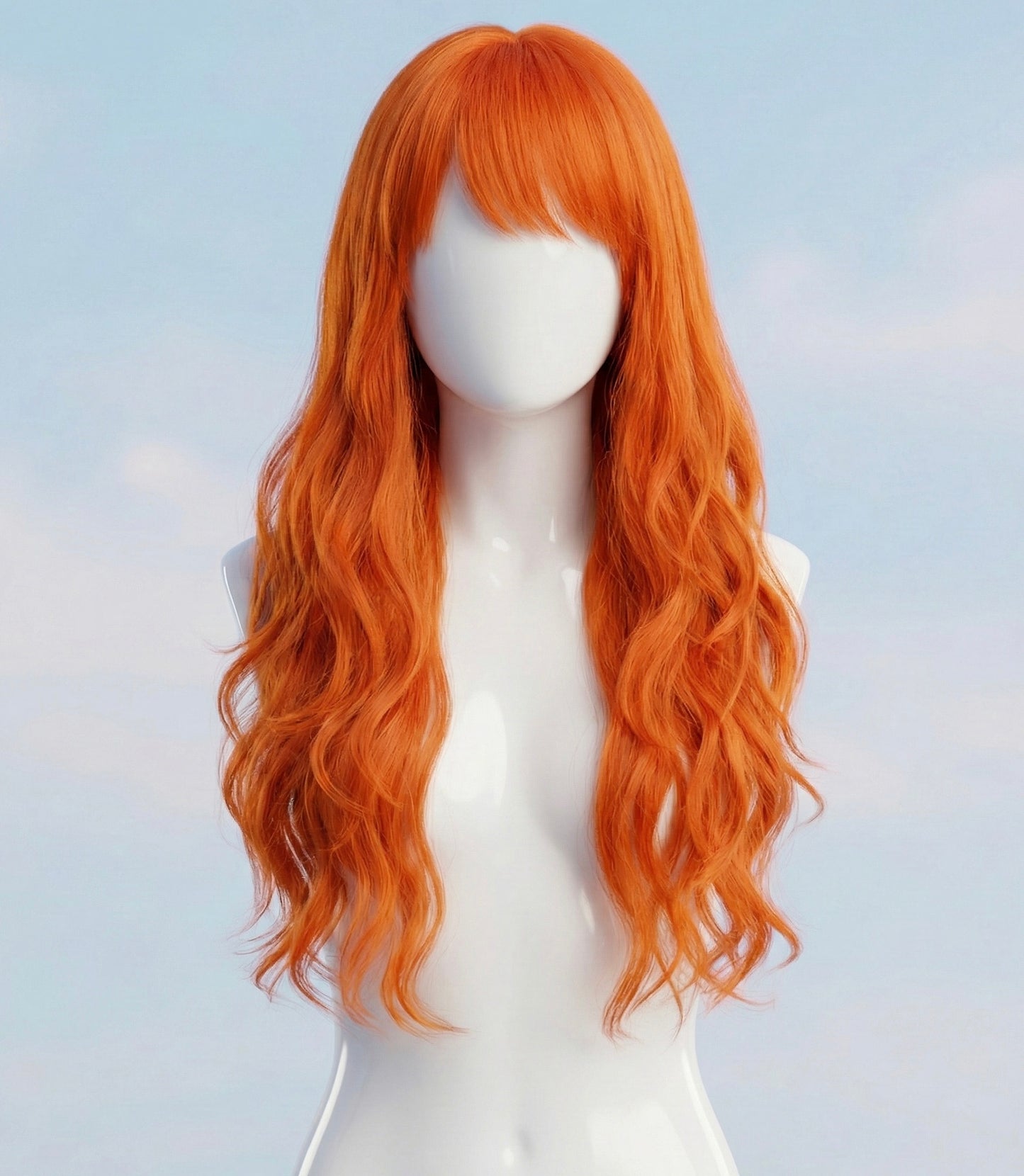 Front and side views of the long, wavy orange Nami cosplay wig featuring face-framing bangs.