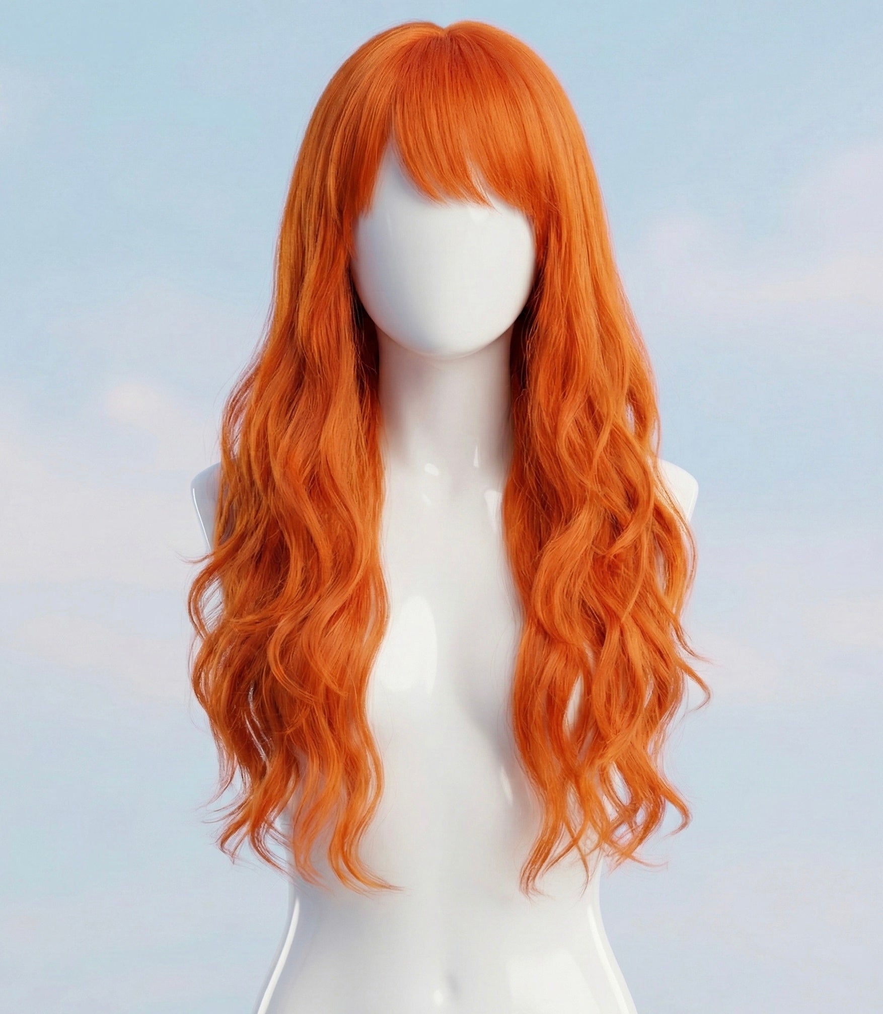 Front and side views of the long, wavy orange Nami cosplay wig featuring face-framing bangs.