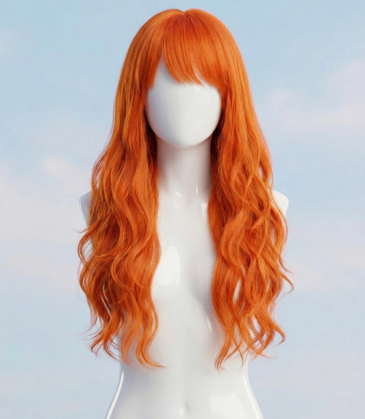 Front and side views of the long, wavy orange Nami cosplay wig featuring face-framing bangs.