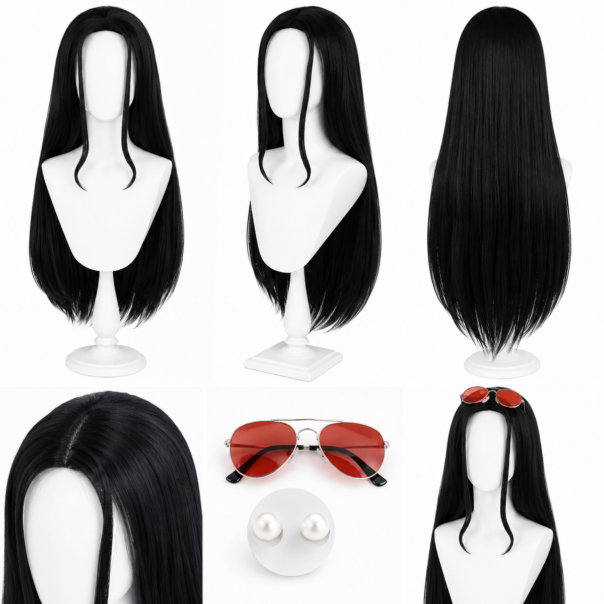 One Piece Nico Robin Wig – Black Post-Time Skip & Sunglasses Set showing black wig angles sunglasses and accessories