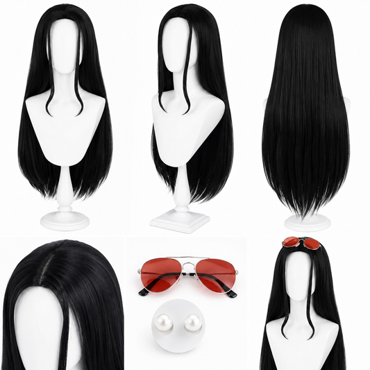 One Piece Nico Robin Wig – Black Post-Time Skip & Sunglasses Set showing black wig angles sunglasses and accessories