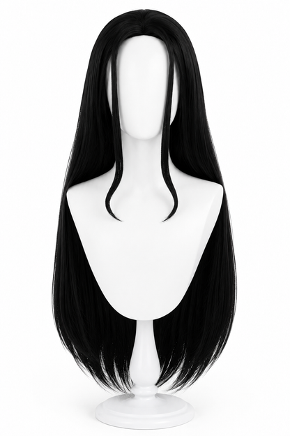 Long black wig front view for One Piece Nico Robin Wig – Black Post-Time Skip & Sunglasses Set