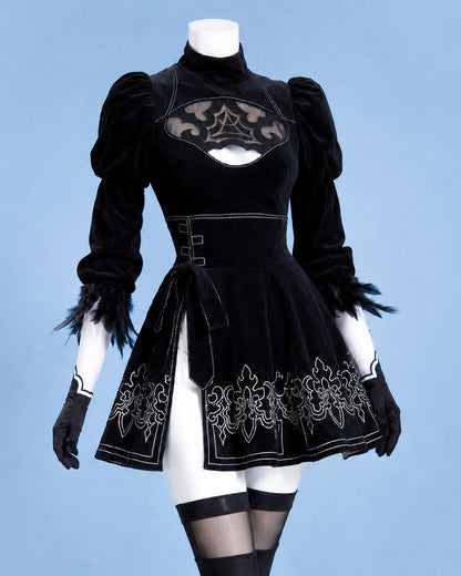 2B black embroidered dress alternate front view for Original NieR:Automata 2B Cosplay Costume