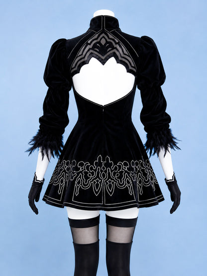 2B black embroidered dress back view for Original NieR:Automata 2B Cosplay Costume