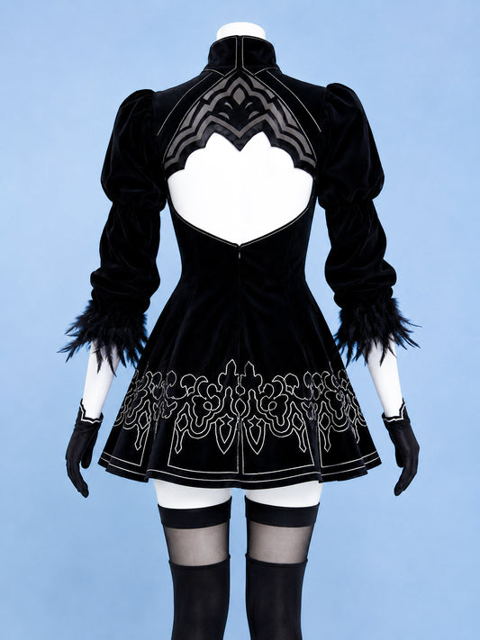 2B black embroidered dress back view for Original NieR:Automata 2B Cosplay Costume