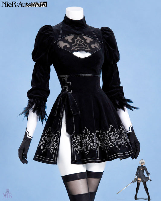 2B black embroidered dress front view for Original NieR:Automata 2B Cosplay Costume