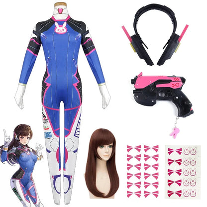 Complete D.Va cosplay kit featuring blue pilot bodysuit, wig, headset, and prop blaster.