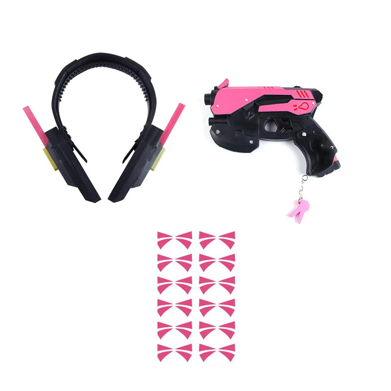 Pink and black toy gun with accessories on a white background