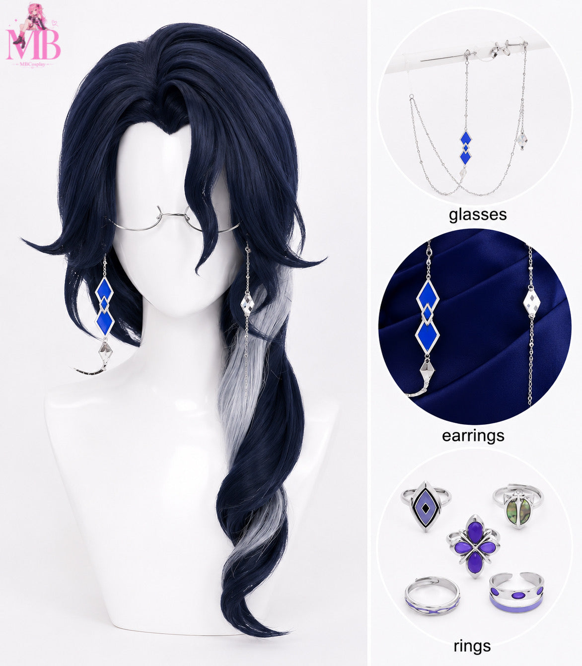Pantalone Regrator Genshin Impact Cosplay Wig, Glasses & Ring Set – Premium Black Side Ponytail Wig with Silver Streak, Glasses Chain and Accessories on Glossy White Mannequin | MBCosplay