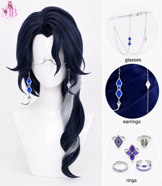 Pantalone Regrator Genshin Impact Cosplay Wig, Glasses & Ring Set – Premium Black Side Ponytail Wig with Silver Streak, Glasses Chain and Accessories on Glossy White Mannequin | MBCosplay