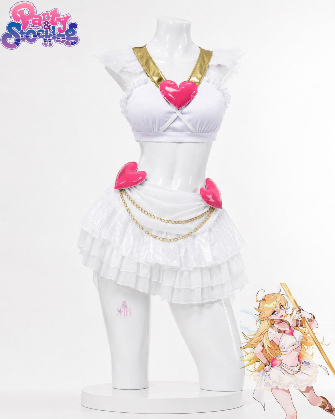 Panty & stocking Anarchy Angel Form Cosplay Costume & wig white angel costume front view with pink heart accents