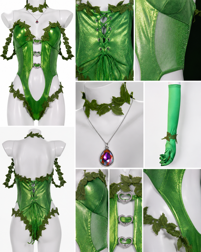 Poison Ivy cosplay costume detail collage showing heart buckles leaf trim necklace and green gloves