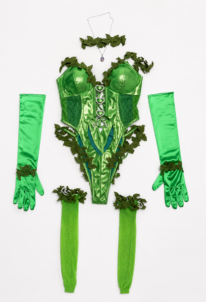Poison Ivy green cosplay costume set with bodysuit gloves stockings choker and necklace