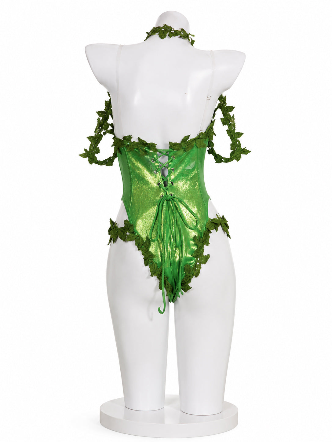 Back view of Poison Ivy metallic green cosplay bodysuit with lace-up fastening and ivy details