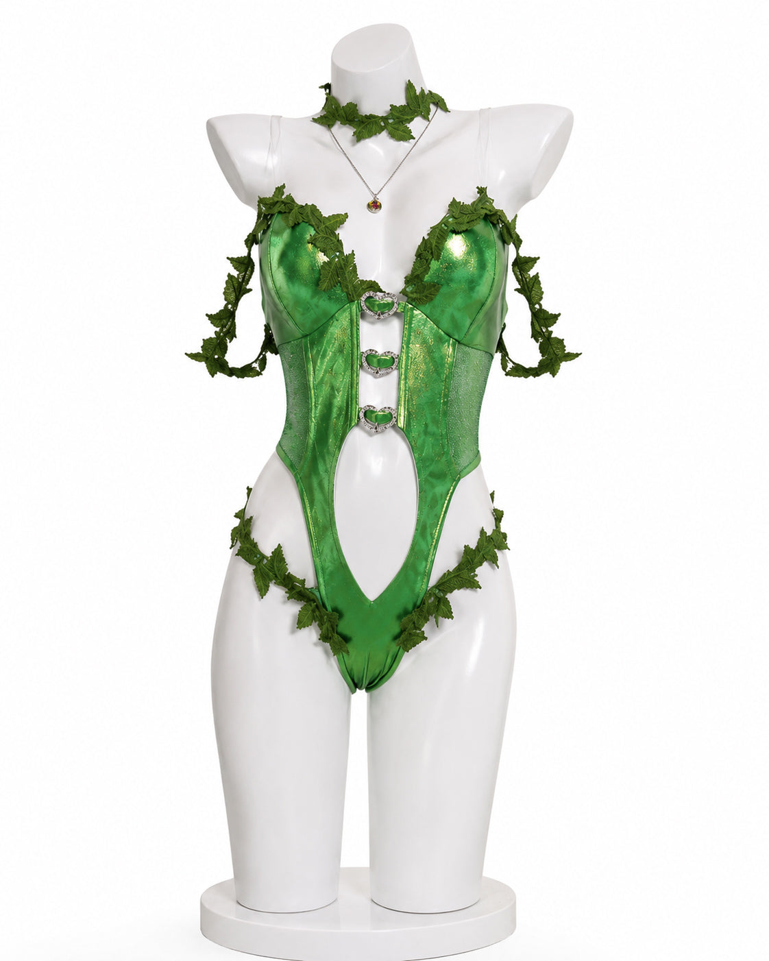 Poison Ivy cosplay costume metallic green heart-cutout bodysuit front view with leaf trim