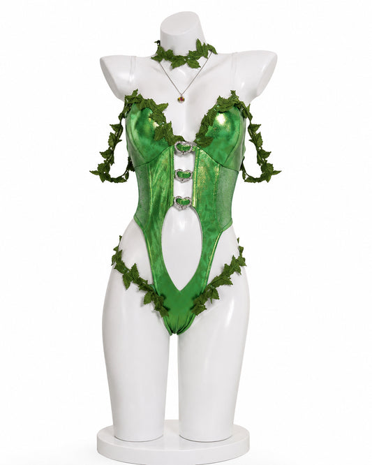Poison Ivy cosplay costume metallic green heart-cutout bodysuit front view with leaf trim