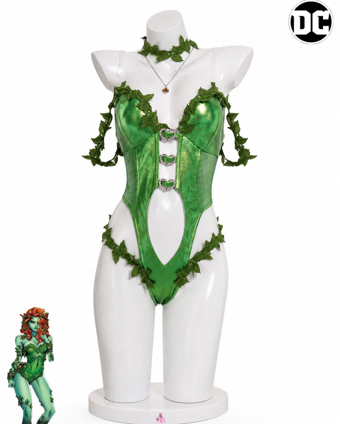 Dc metallic green bodysuit front for Poison Ivy Cosplay Costume & Wig