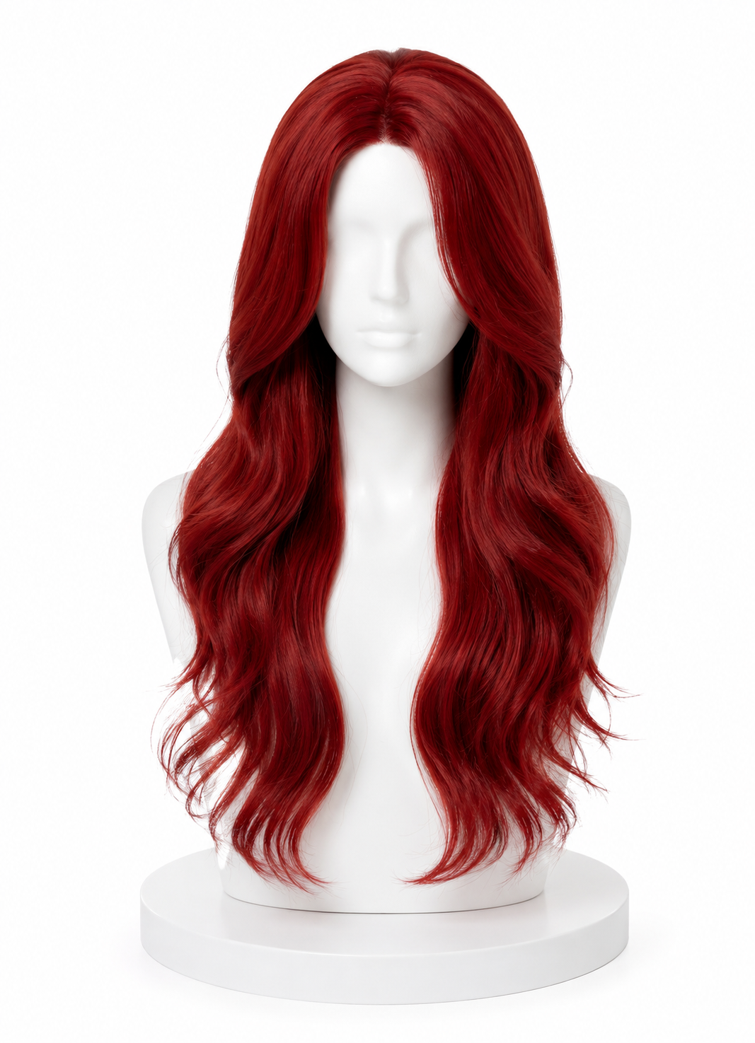 Long wavy red Poison Ivy cosplay wig displayed from the front