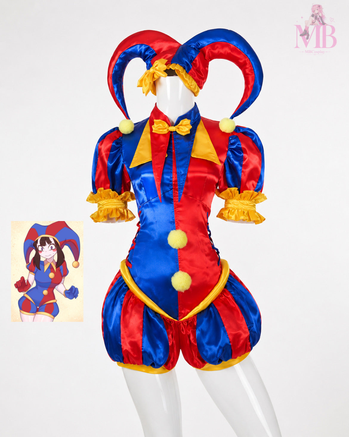 Front view of the Pomni Amazing Digital Circus jester costume in red, blue and yellow satin