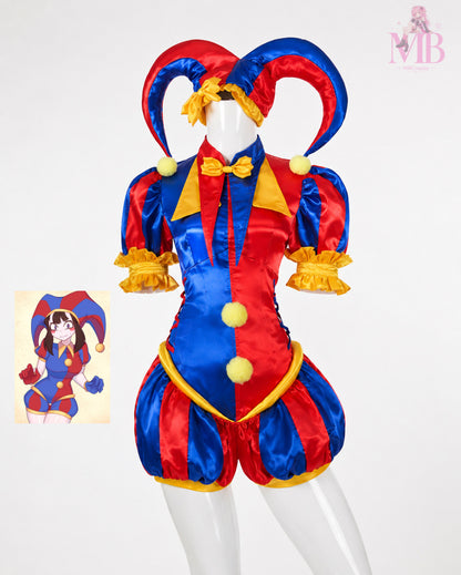 Front view of the Pomni Amazing Digital Circus jester costume in red, blue and yellow satin