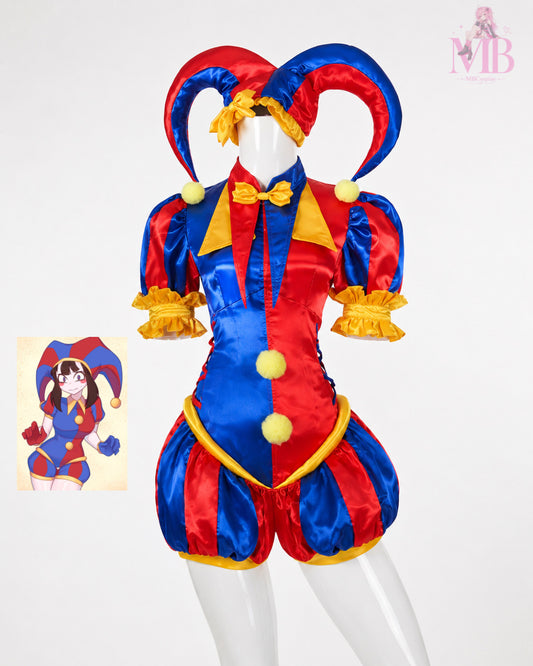 Front view of the Pomni Amazing Digital Circus jester costume in red, blue and yellow satin