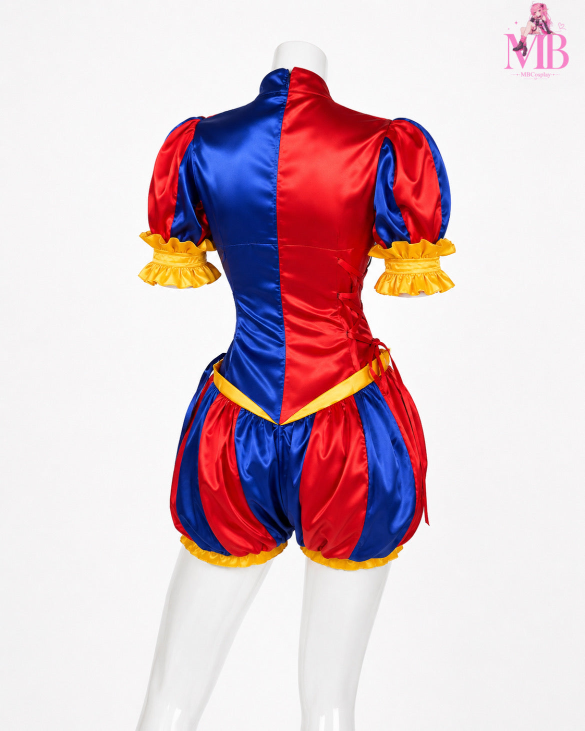 Back view of the Pomni cosplay costume showing the split red and blue jester romper
