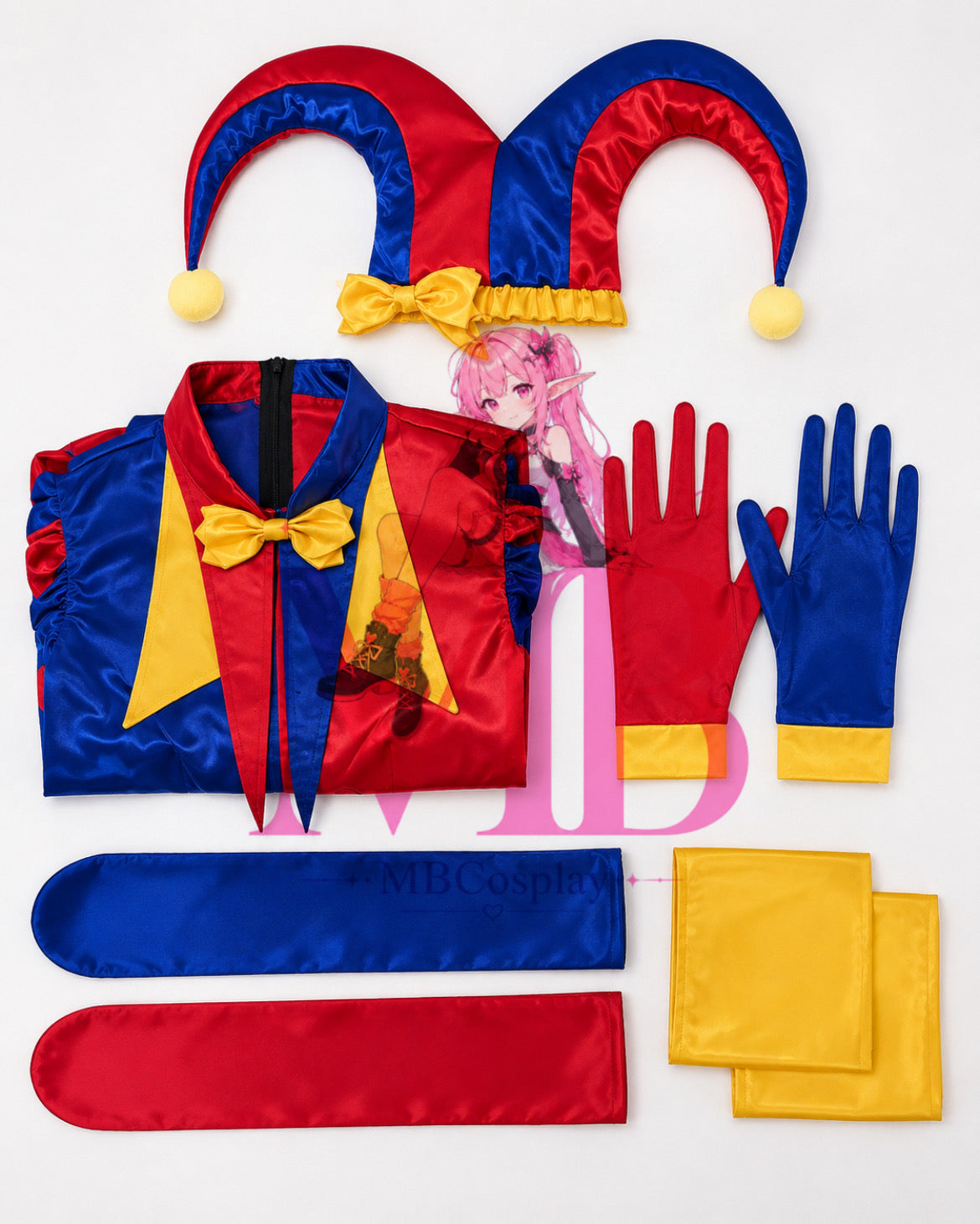 Pomni Digital Circus costume flat lay with jester romper, red and blue hat, gloves and yellow accessories