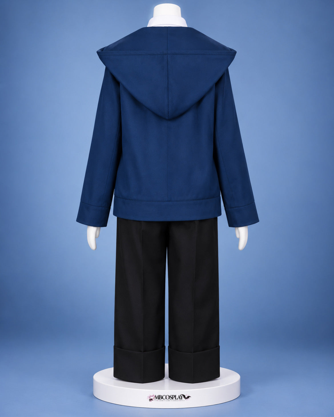 Back view of Power's Chainsaw Man cosplay outfit showing the blue hooded jacket and black trousers