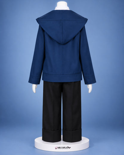Back view of Power's Chainsaw Man cosplay outfit showing the blue hooded jacket and black trousers